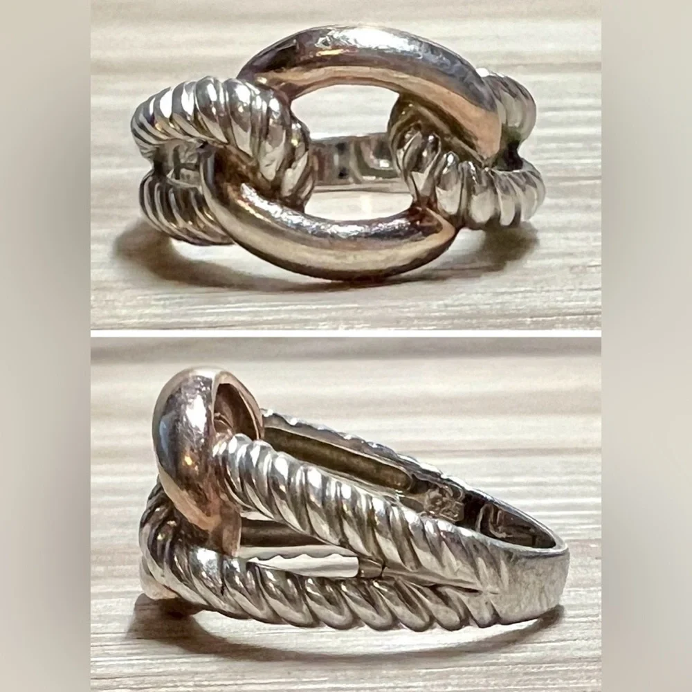 Designer Signed (B) Sterling Silver & Gold Wash Two Tone Twisted Cable Link Ring